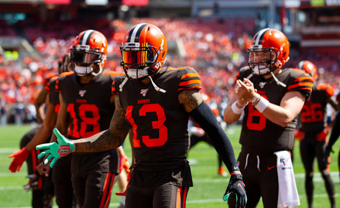On Sept. 8, 2019, Browns wide recievers Odell Beckham (13) and Damion Ratley (18) along with quarterback Baker Mayfield (6) welcome teammates onto the field before a game against the Titans at FirstEnergy Stadium.